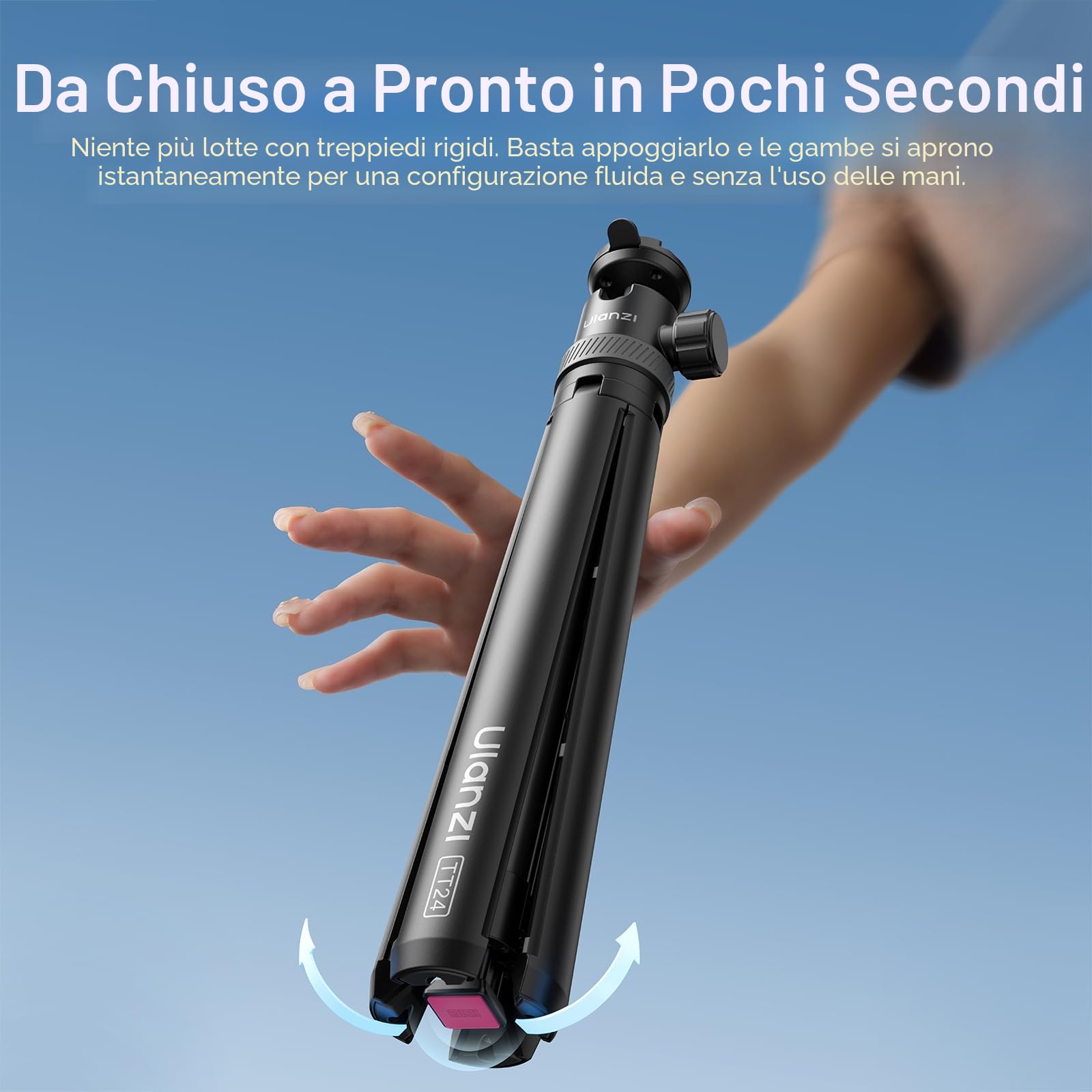 ULANZI TT24 Selfie stick treppiede 150 cm con 4 piedi, Apertura automatica, Cavalletto action cam a sgancio rapido CKA, Carico 1 kg, Compatibile con Insta360 ace pro X3 4 5, DJI Pocket Action, Go pro