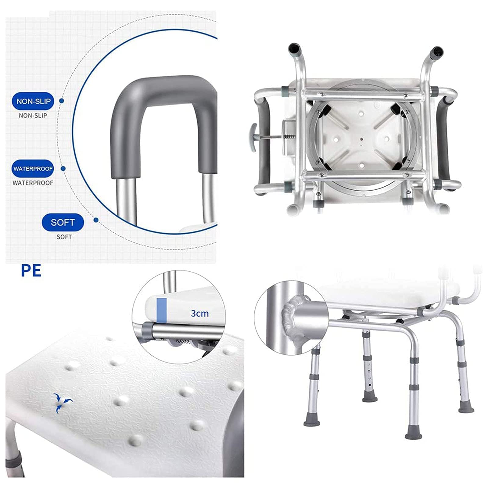 Silla de Ducha, Altura Ajustable, con Brazos y Asiento de Ducha Trasero, en Forma de U, Recorte para Adultos y Taburete de Ducha, Giratorio Asiento de baño portátil Peso de Carga 1