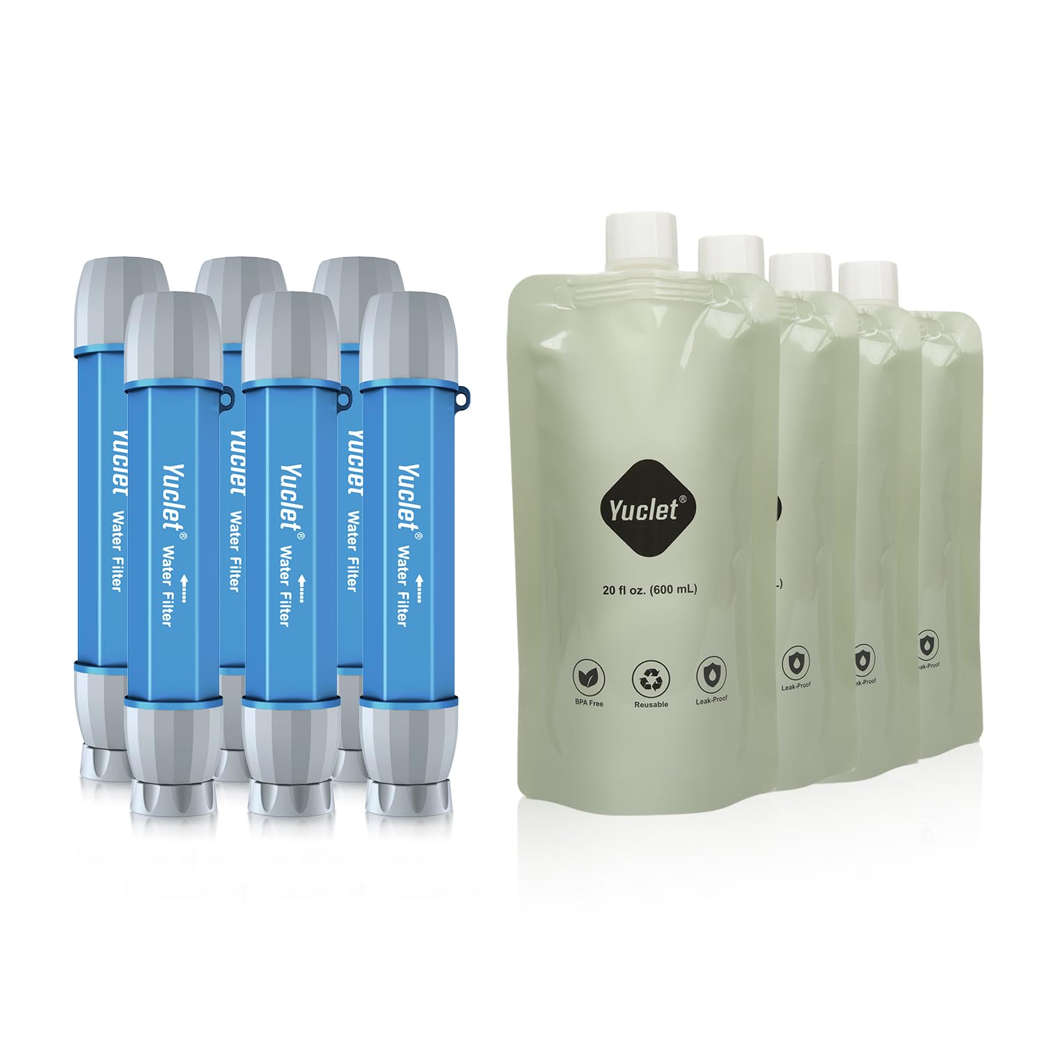 Squeeze Water Filtration System for Hiking, Camping, Travel, and Emergency Preparedness (6 Water Filter Straw, 4 Squeezable 20-Oz Water Pouch)