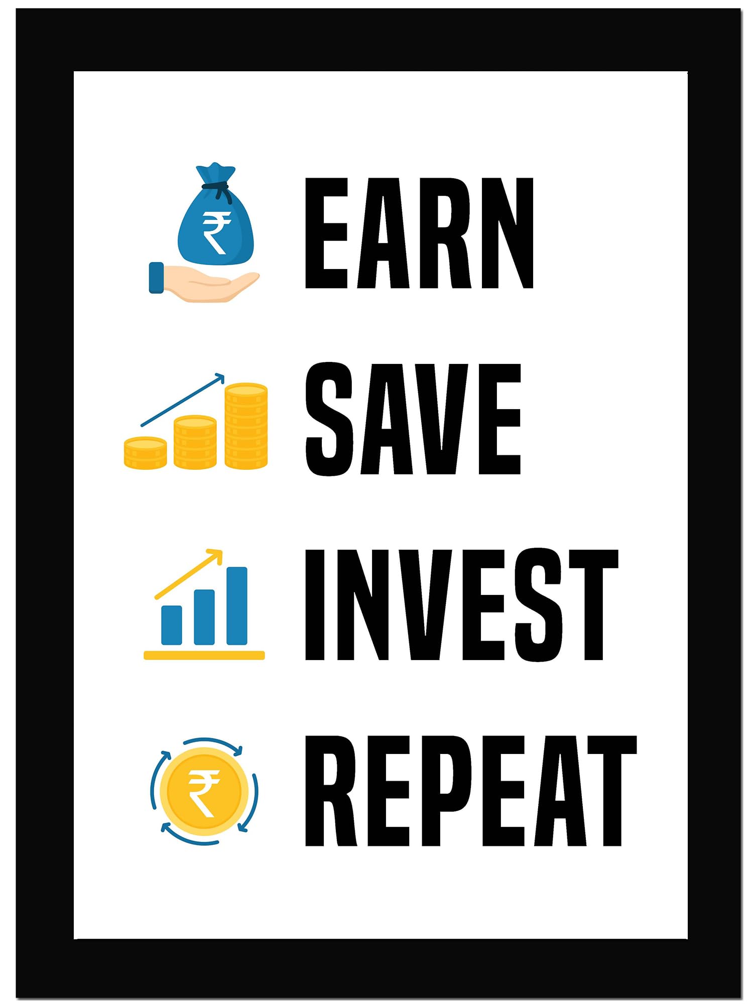 AR Creative Earn Save Invest - Trading Motivational Quote Framed Wall Poster, Inspirational Quotes Print with Frame, Stock Market, Home, Office Decor (13.6 inch x 10.2 inch)