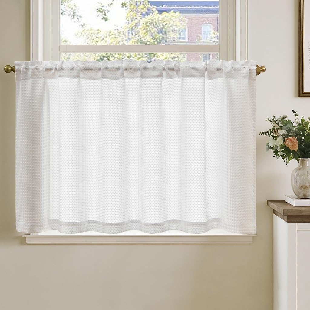TOPICK Küchenvorhang, Wohnzimmer, mit Waffelmuster, für den Außenbereich, Kurzfenster, Vorhänge, Scheibengardinen, Dekoration, Terrasse, Schlafzimmer, Schrank