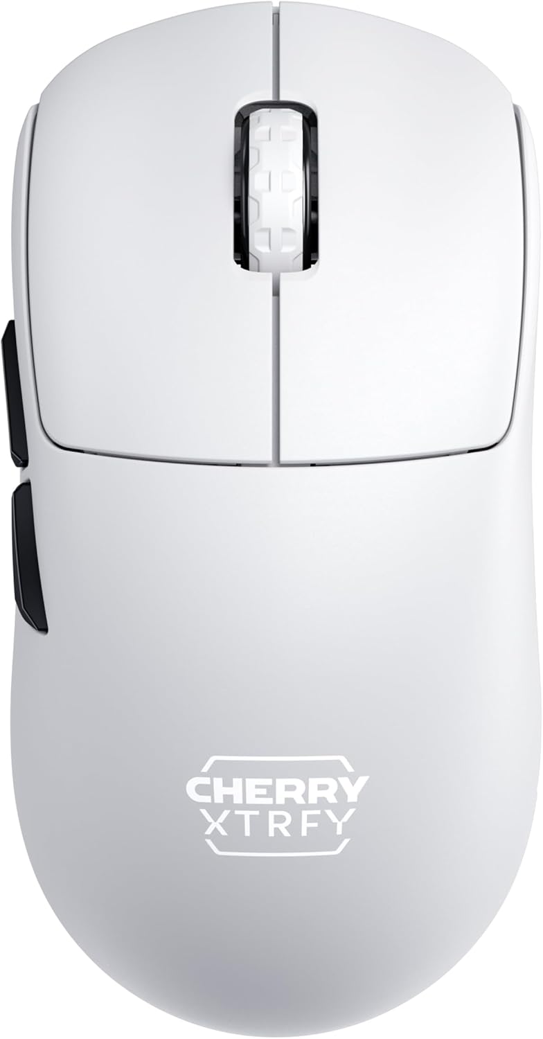 Жогорудан төмөн view of the CHERRY XTRFY M68 Pro Wireless Gaming Mouse in white.