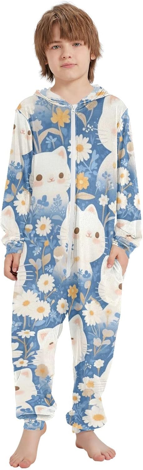 Cute Cartoon Cats Flowers DaisySleepwear Holiday PajamasSoft Casual Hooded Holiday Costumefor Christmas Home
