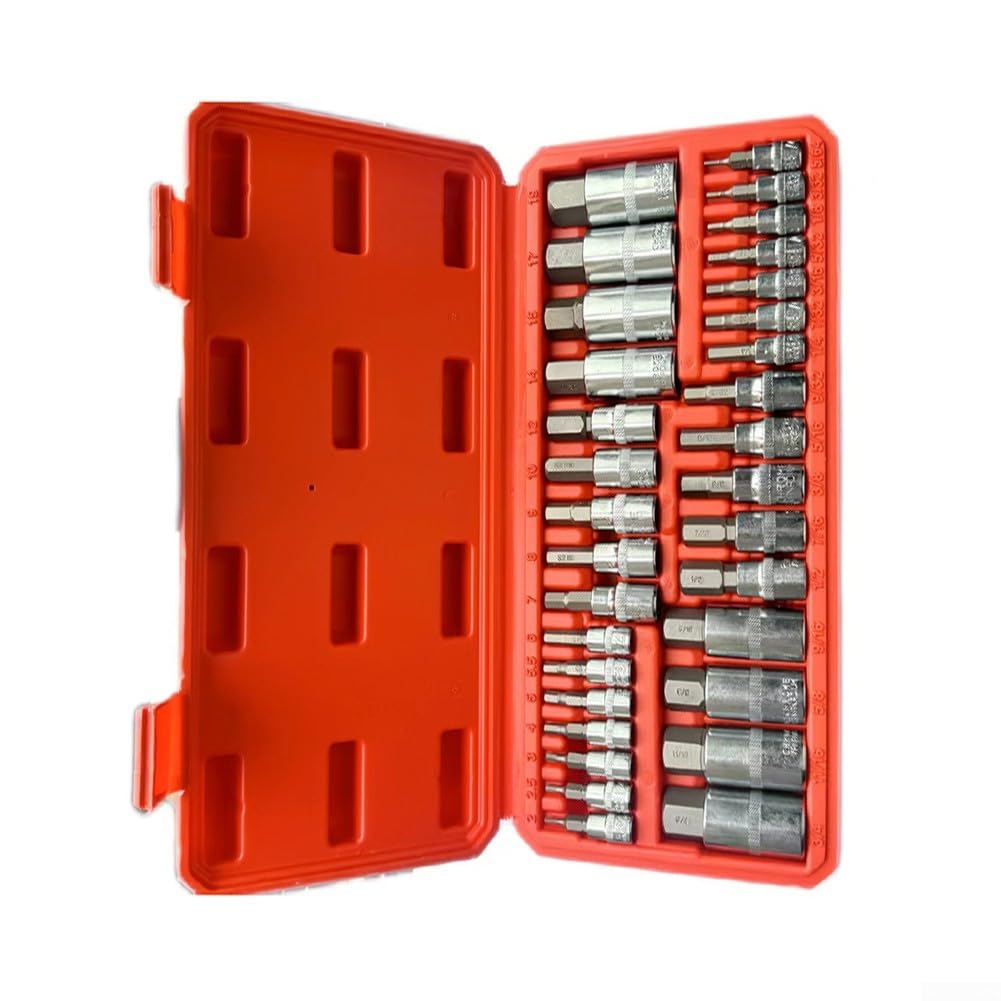 Juego de llaves de vaso hexagonales que incluye 32 piezas para 1/2 pulgada, 1/4 pulgadas y 3/8 pulgadas con caja de almacenamiento para 564 a 34 y de 2 a 19 mm