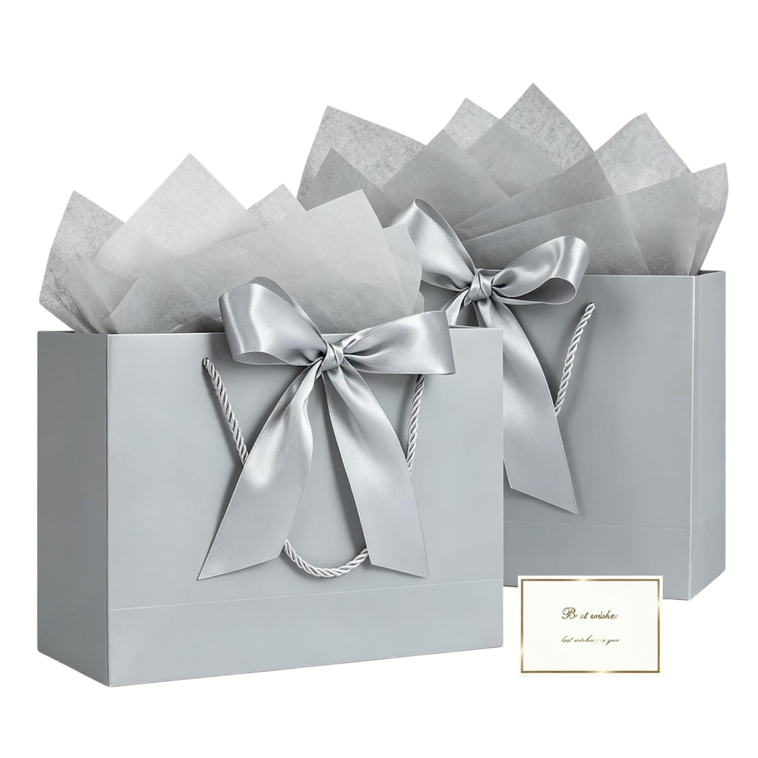2PCS Gift Bags Set, 12.6×10×4 Inches Large Gift Wrap Bags with Handles 4 Tissue Paper 2 Ribbon 2 Greeting Cards, Cute Present Bag for Wedding Birthday Engagement Party Favor (Grey)