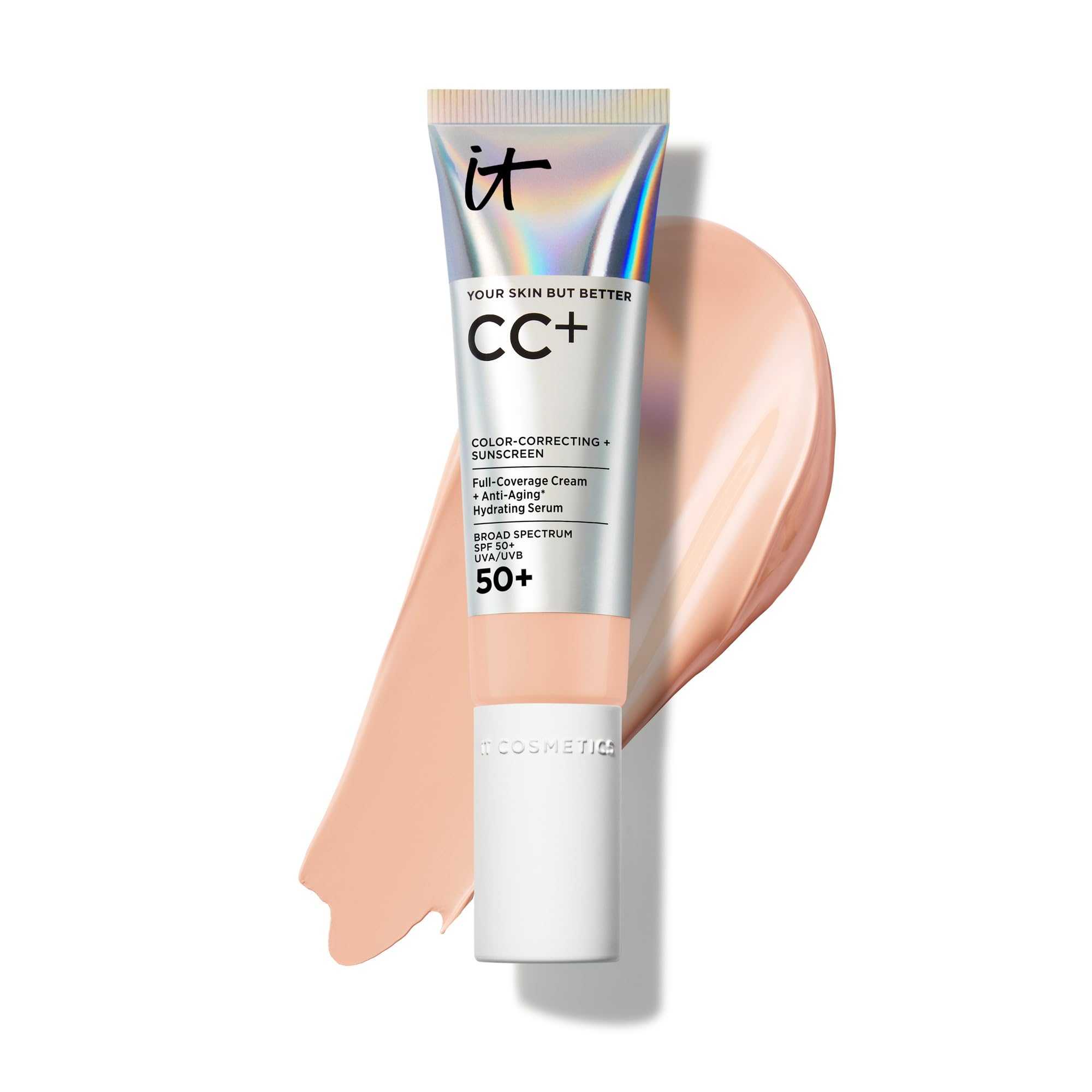 CC+ Cream - Natural Full Coverage Foundation With SPF 50+, Color Corrector & Anti-Aging Hydrating Serum, Hyaluronic Acid + Peptides, Lightweight Up To 24H Wear, All Skin Types