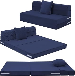 MeMoreCool Klappmatratze Doppel 190x135cm, Hochdichter Schaumstoff Ausklappbares Sofa Stuhl Z Bett, Faltbare Futon Matratze, Boden Lounger Gäste Couch Bett zum Schlafen, Reisen, 13cm Dick, Marineblau