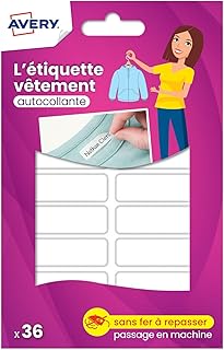 Avery Étiquettes Autocollantes Blanches Inscriptibles 36 Pièces - autocollant Personnalisable avec un marqueur permanant - Durable Lavable jusqu'à 40C et sèche-linge - 1,3 x 4,5 cm