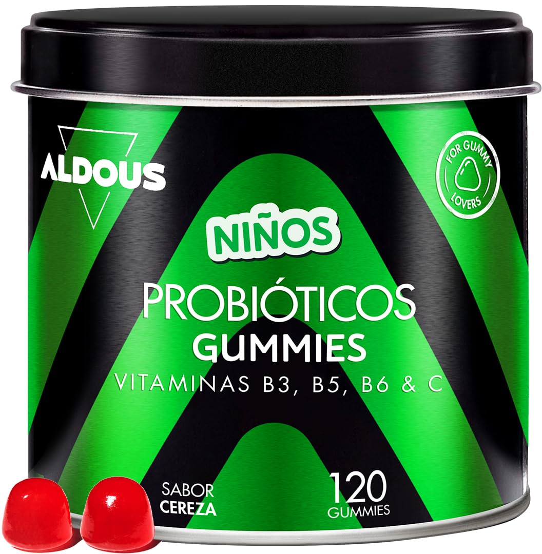 120 Probioticos Gominolas Kids + Vitamina C -Sabor Cereza- Flora intestinal | Gummies con Bifidobacterium, Lactobacillus, Vitaminas B3, B5, B6 y C - Estreñimiento, Buena Digestión, Hinchazón - ALDOUS