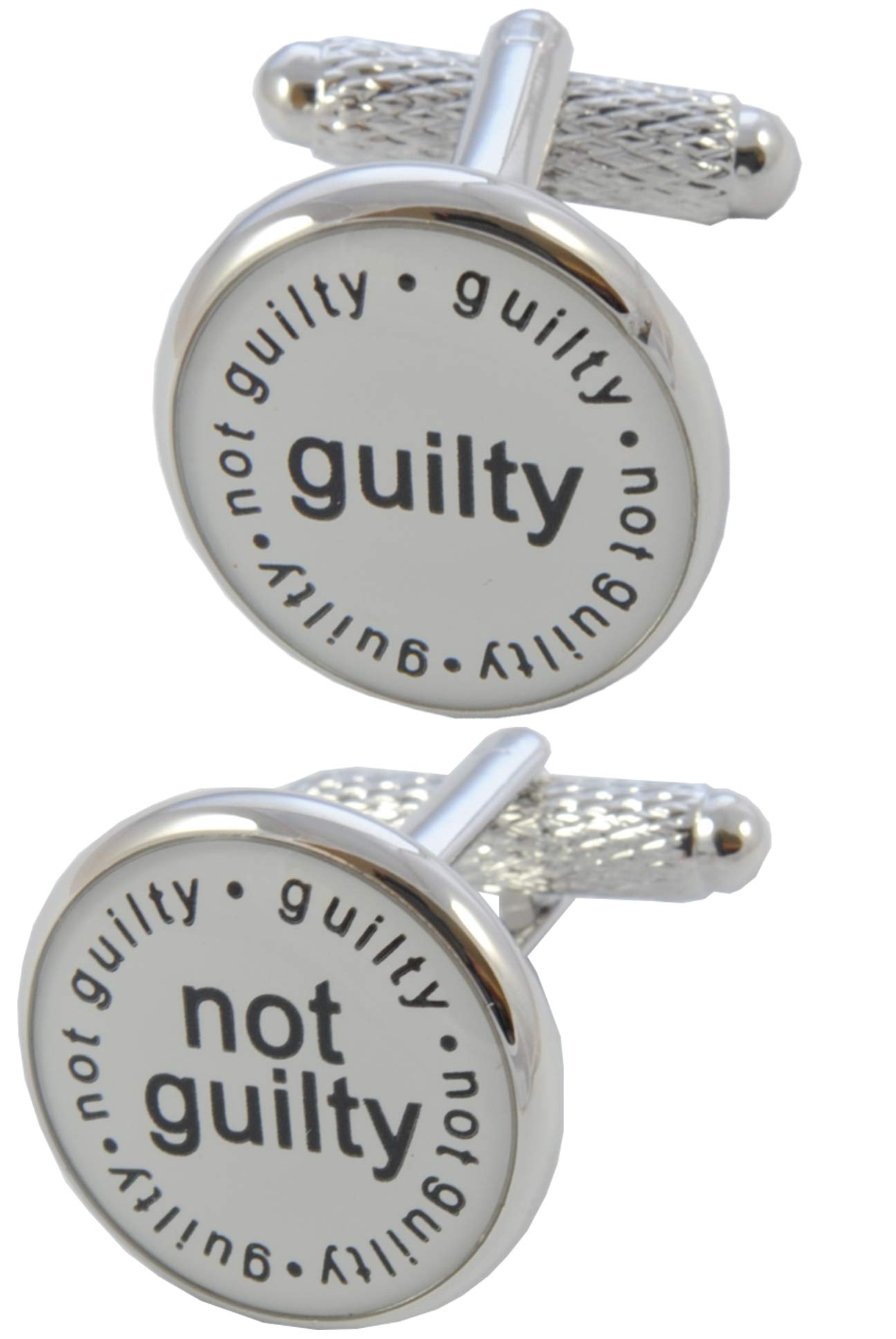Gemelos Camisa Hombre Abogado - Con Caja - Gemelos para Camisas - Guilty y Not Guilty - Juez Culpable - Latón - Color Blanco Negro y Plata - Un Par