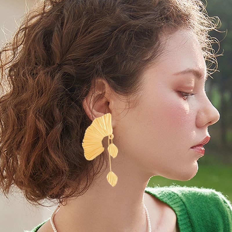 Bohemia Statement Leaf Stud Earrings for Women Retro Leaf Fan Shape Leaf Earrings Fashion Chunky Gold Plant Earring Bohemian Flower Earring Vacation Jewelry Gift - Image 2