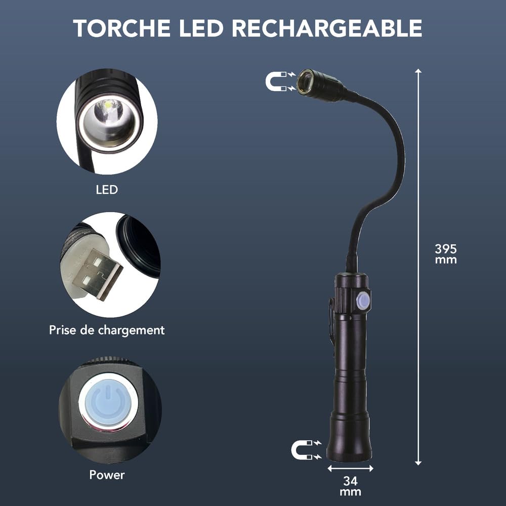 Lampe d'inspection LED rechargeable USB 3W, 165 lumens, IP44, 7000K blanc-froid, aimanté, intensité variable - Tibelec
