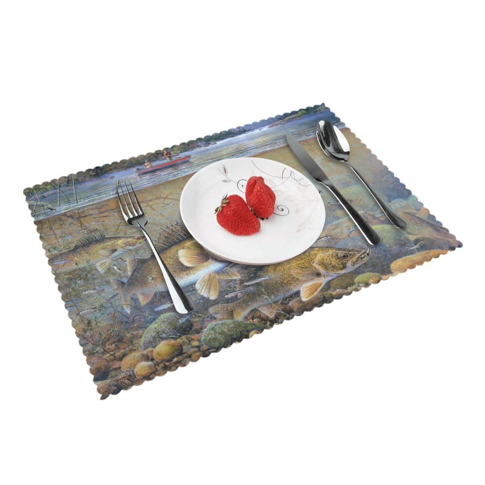 Bnvsadc Fishing Lake Fishermen 4 Pcs Heat Resistant Placemat 45X30 Cm, Printed Non-Slip Place Mats For Kitchen Dining Table Indoor Outdoor