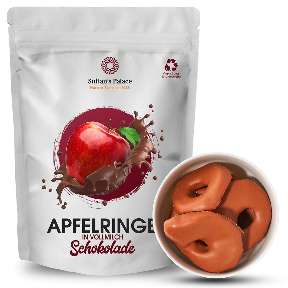 Sultan’s Palace Apfelringe in edler Vollmilch Schokolade - 1000g – Schoko Früchte - Premium Qualität - Geschenkidee – Zartschmelzende Schokolade