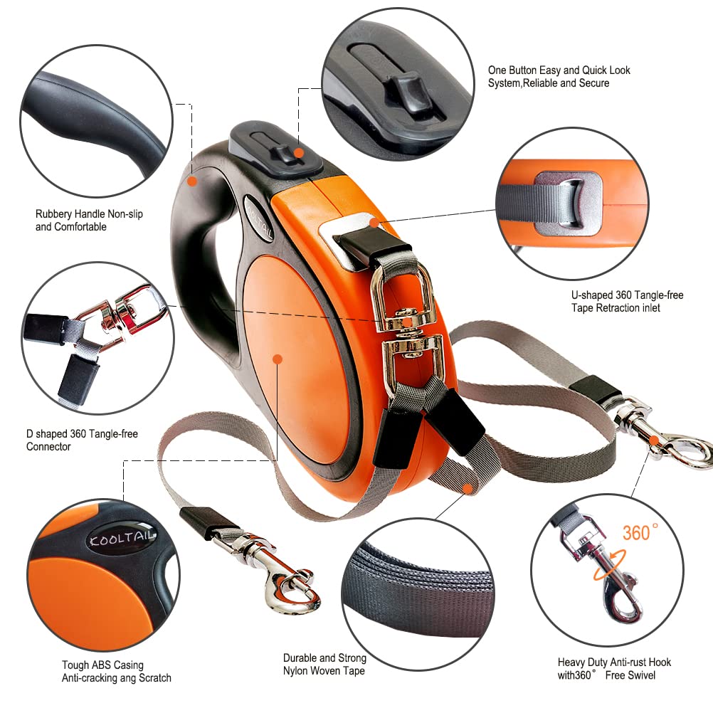 KOOLTAIL Guinzaglio retrattile doppio per due cani fino a 49,9 kg, resistente, doppia testa, 4,9 m, flessibile, estensibile a 360°, senza grovigli, con un pulsante e un freno di bloccaggio, per cani