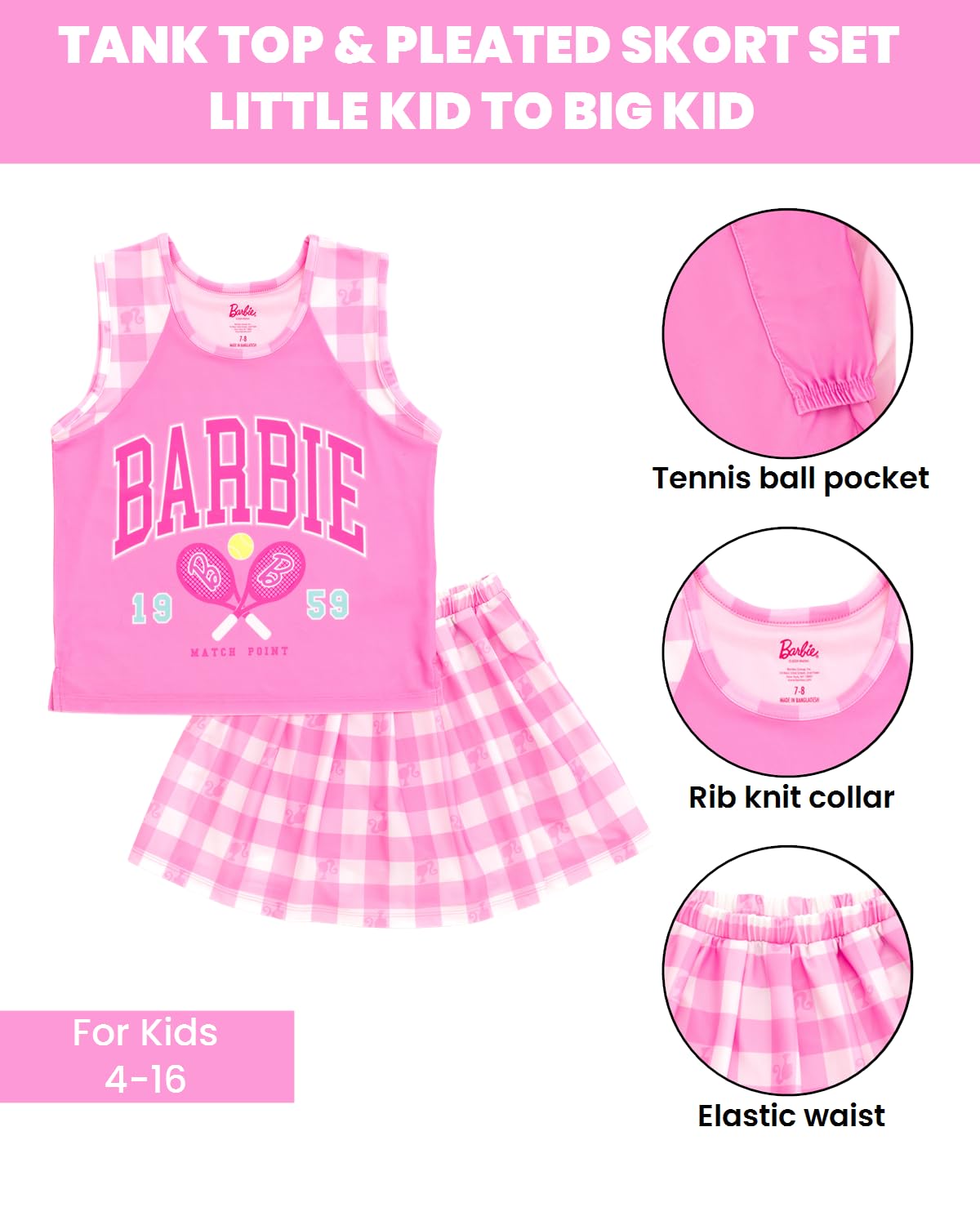 Barbie Conjunto de camiseta sin mangas y falda plisada para niñas pequeñas y grandes