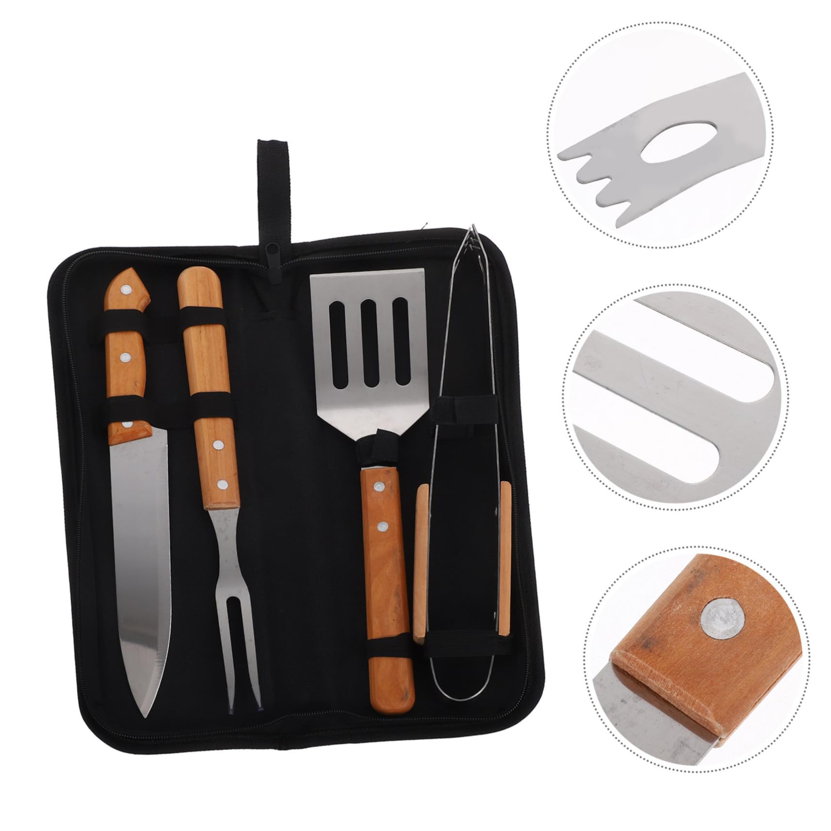Grillbesteck mit Holzgriff Teiliges BBQ Zubehör für Outdoor Camping und Garten Tragbares Grillwerkzeug mit Spatel Zange und Messer im Praktischen Transportbeutel