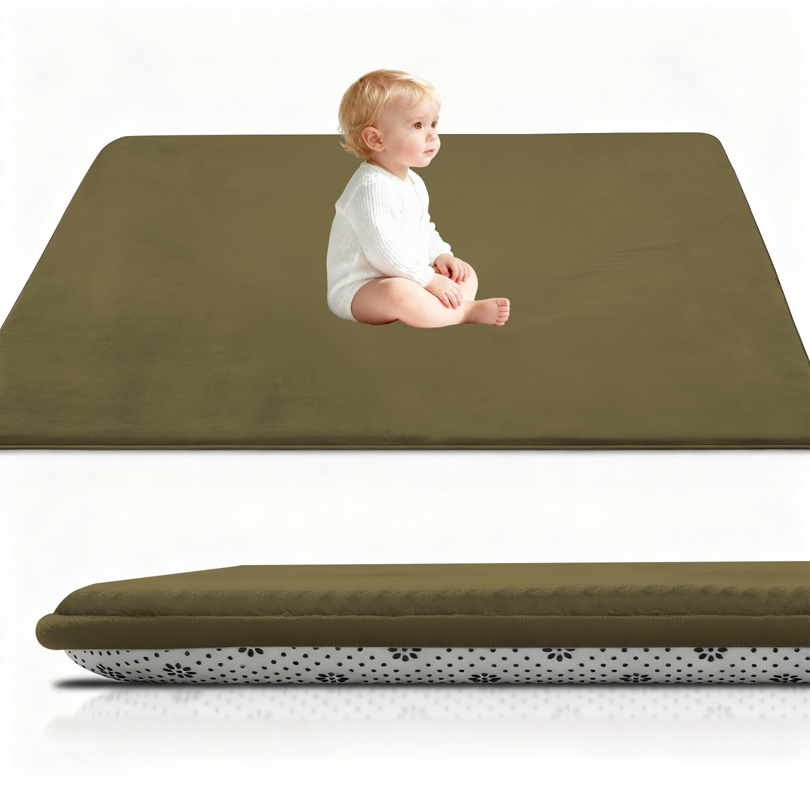 Stqyeiw Kinderteppich Teppich Verdickung Korallen Samt Teppich Korallensamtteppich Kinder Krabbeldecke Tatami Teppiche Kinder rutschfeste Vergrößern Spielmatte Yogateppich 140 x 140 cm Army Grün