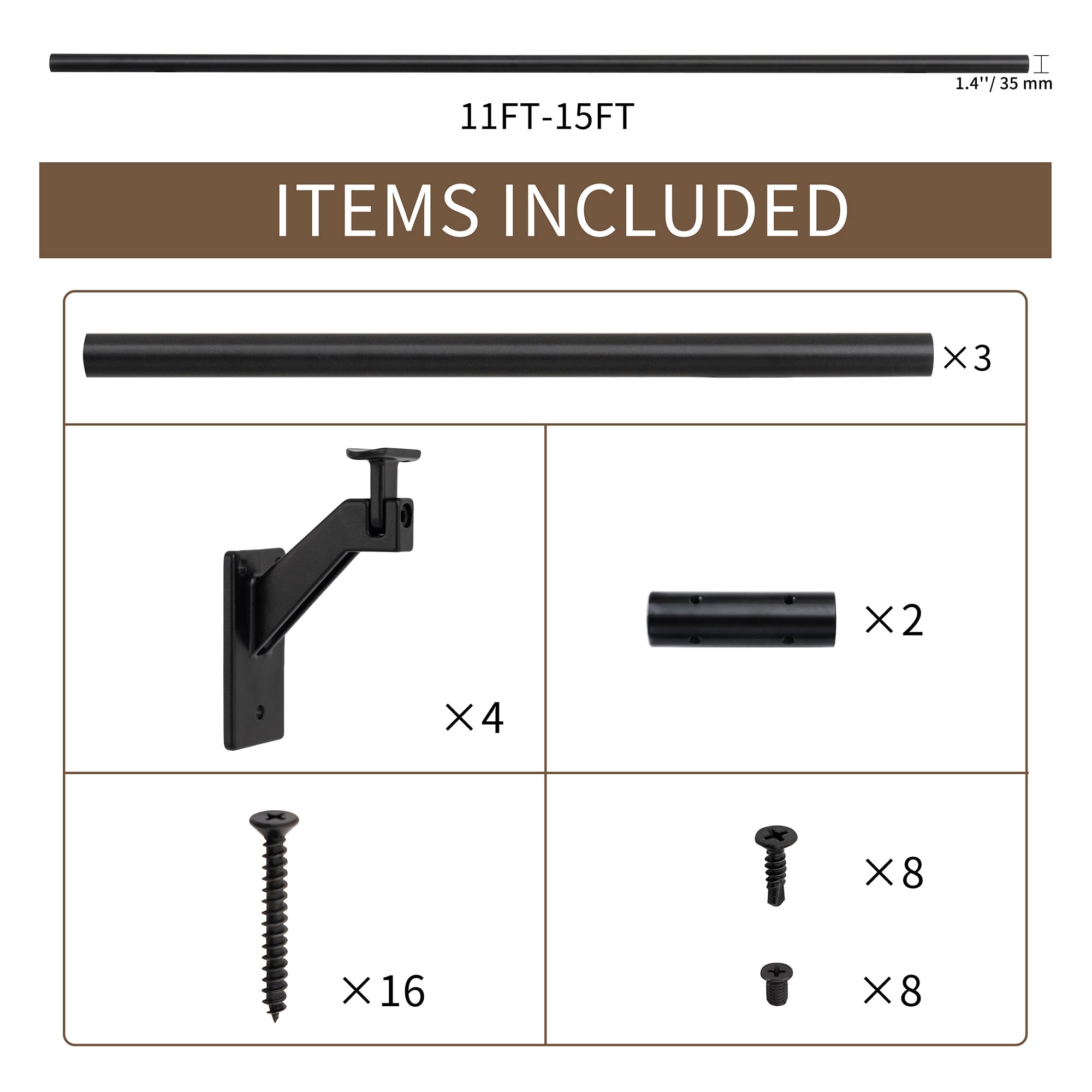 Handlauf-Set für Innen- und Außentreppen, modernes Aluminium-Handlauf-Set, Stange mit 3,6 cm Durchmesser, verstellbare 304 Edelstahl-Klammern im Lieferumfang enthalten, rostfrei (mattschwarz, 4,2 m)