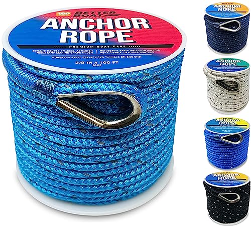 Image of Better Boat Premium Anchor Rope, 100 Ft Double Braided White Nylon Marine | Line, Reflective 3 /8 Inch Reel for Anchors and Boats, Blue