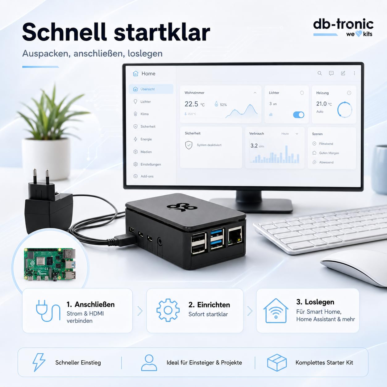 db-tronic OKdo Raspberry Pi 4 Model B Kit de démarrage 4 Go - Bloc d'alimentation 15 W - Boîtier noir - Dissipateur thermique - Idéal pour la maison intelligente, le jeu rétro et l'assistant à