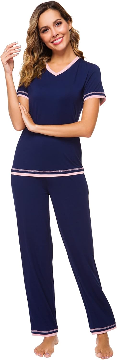 WiWi Womens Viscose from Bamboo Pajamas Set Short Sleeve Top with Pants Pjs Soft V Neck Sleepwear Lightweight Loungewear S-3X - Image 3