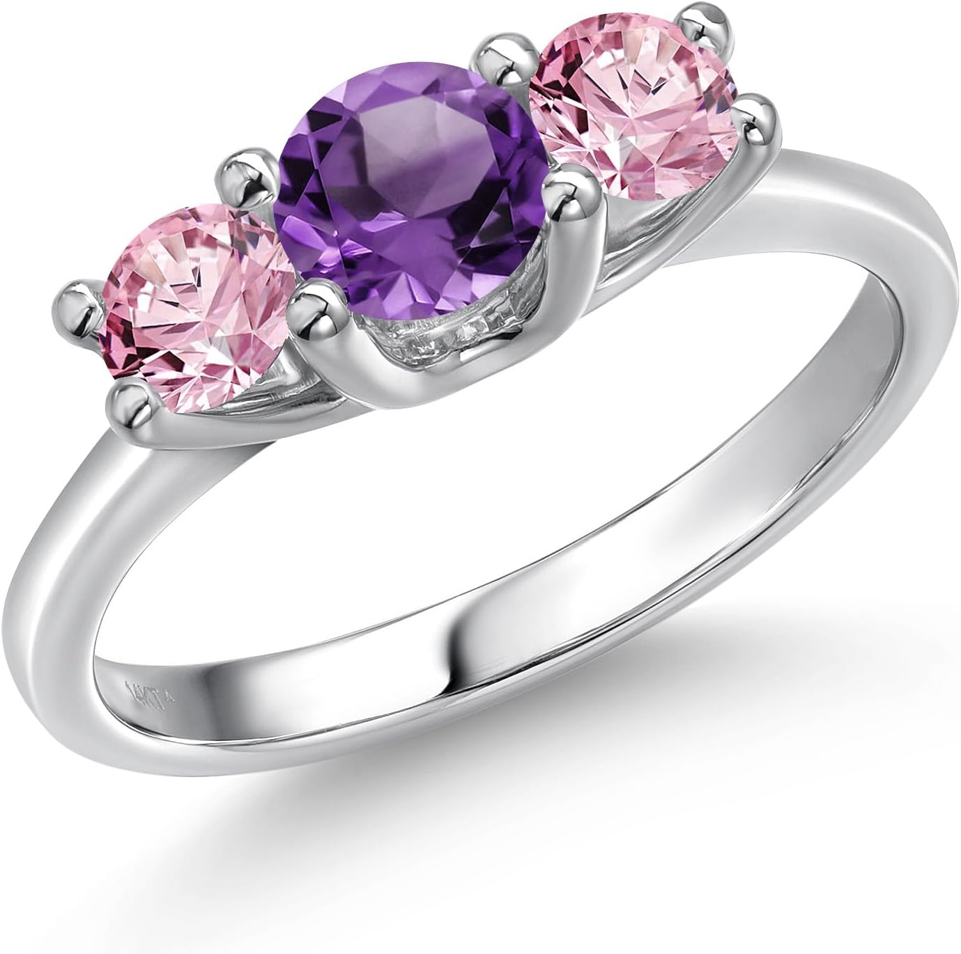 Gem Stone King 14K White Gold Purple Amethyst & Pink Lab Grown Diamond 3-Stone Engagement Ring | 0.98 Cttw | Round 5MM and 4MM | 3 Stone Wedding Anniversary Promise Ring For Women