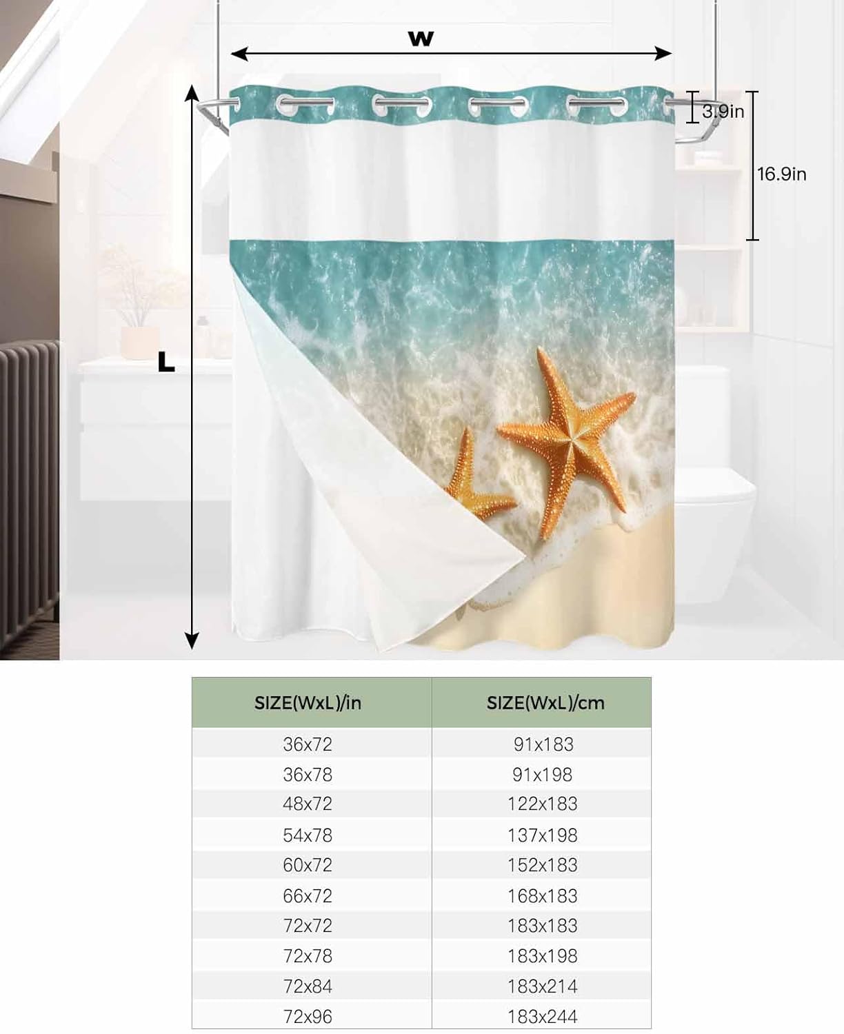 No Hook Shower Curtain with Snap-in Liner, Coastal Summer Waterproof Fabric Bathroom Curtains, Yellow Starfish Ocean Green Water Bath Curtains & Mesh Top Window Standard 72''x72''