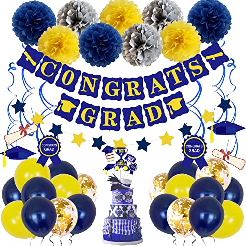 Graduation Decorations, 2023 Grad Party Supplies Blue Yellow Congrats Grad Banner Hanging Swirls Tissue Pom Poms Cupcake Toppers Party Balloons For School Celebration Grad Photo Booth Props #TOP8