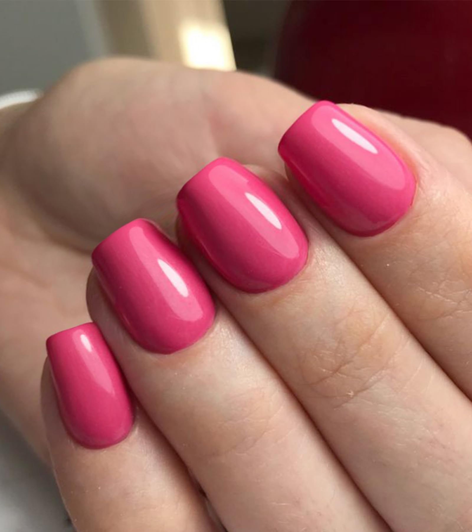 Morily Hot Pink Press on Nails Short, Square Shaped Gloosy Fake Stick on Nails for Women in 16 Sizes, 32 Pcs Reusable Full Cover Artificial False