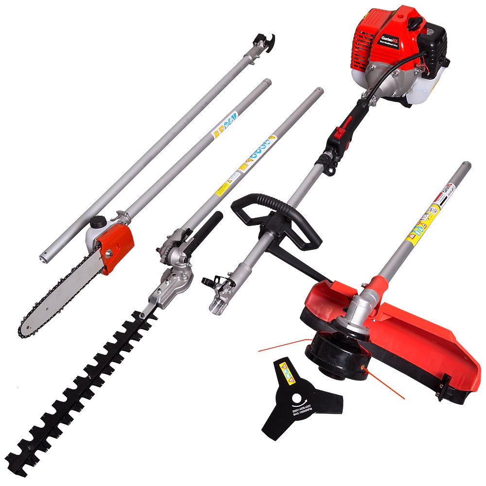 IPOTOOLS Desbrozadora 5 en 1, 52 cc, 3 CV, gasolina, desbrozadora, bobina de hilo, 3 dientes, correa de mochila, sierra de podar, cortasetos, certificado TÜV