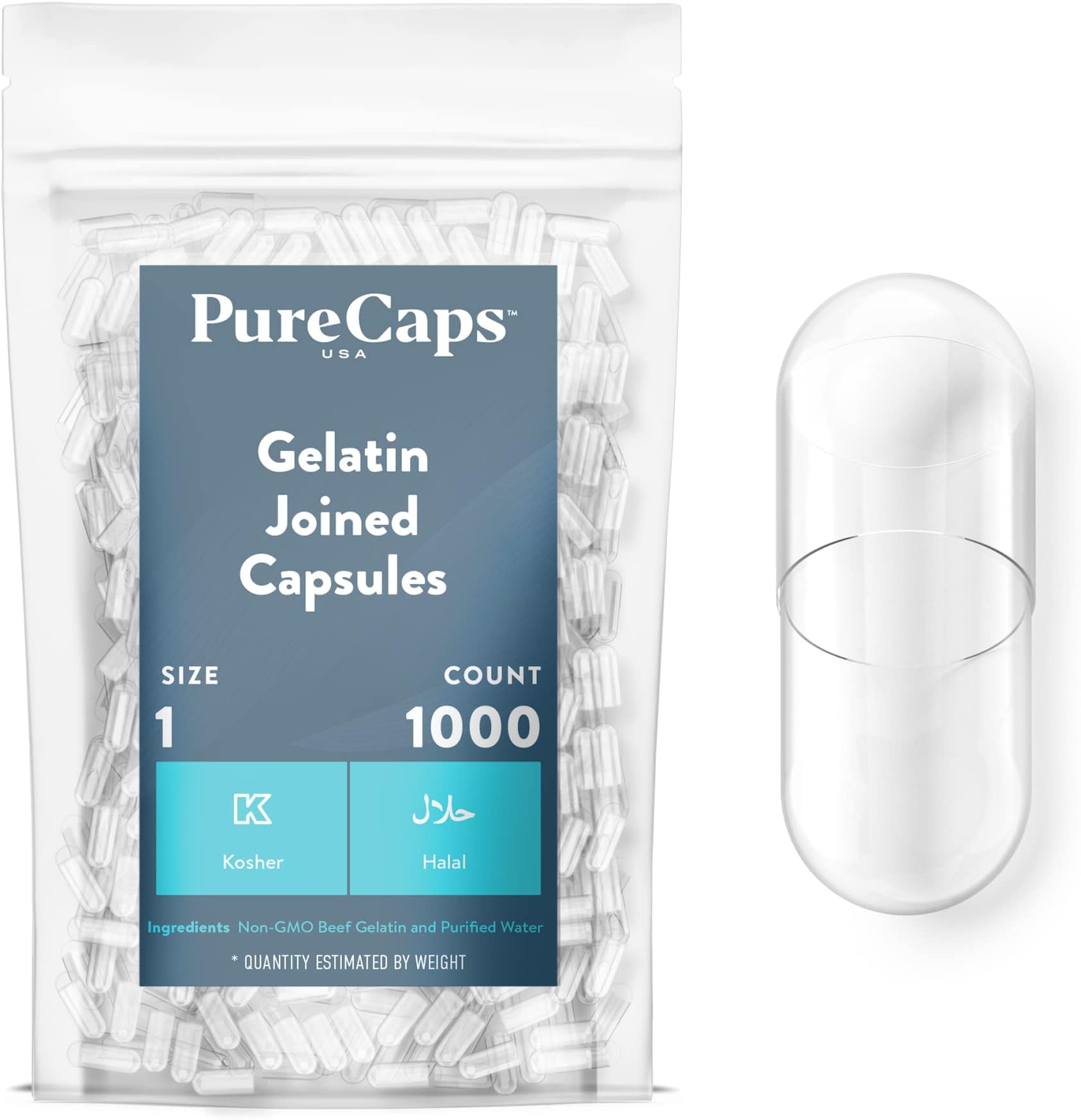 PureCaps USA - Empty Gelatin Capsules Size 1| 1,000 Joined Pills| Clear| Non-GMO Certified| SLS, Gluten, Preservative Free