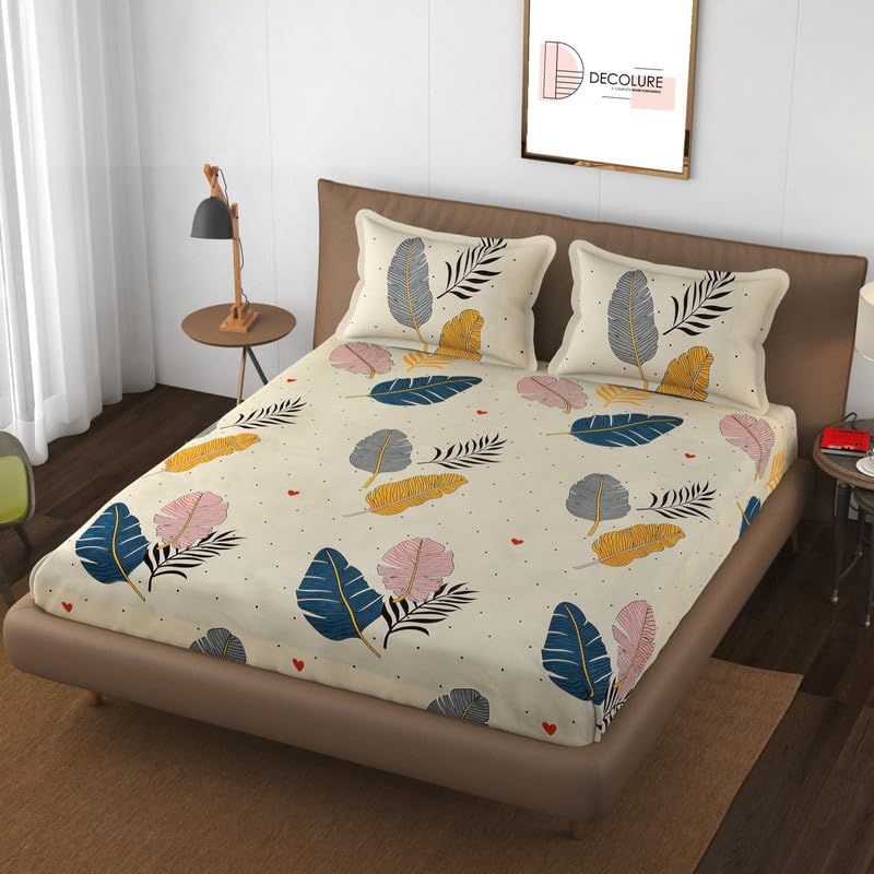 Image of Decolure 300 TC Cotton Feel Glace Cotton Elastic Fitted Leaf Print King Size Double Bed Bedsheet with 2 Pillow Covers, 360 All Around Elastic, Fits 4 to 8 Inch Mattress, Size 72 x 78 Inches, Beige