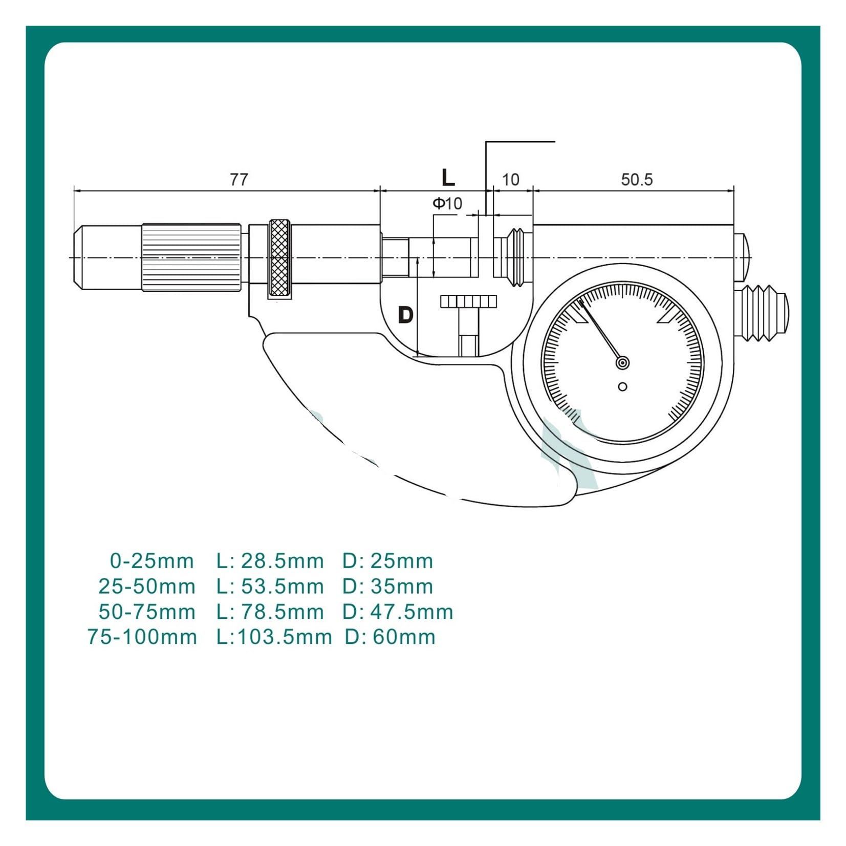 Mikrometr zewnętrzny 0–25 mm, 25–50 mm, 50–75 mm, 75–100 mm, średnica 10 mm (75-100 mm)