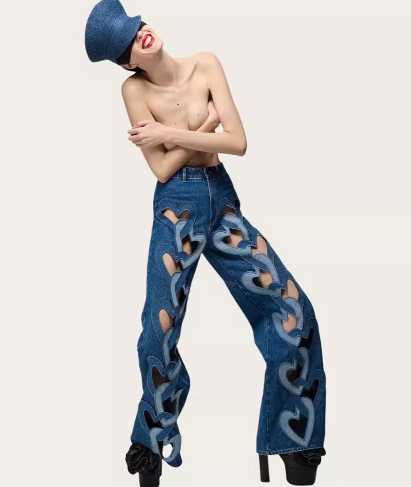 PLIUHHMEI Women's Love Heart Hollow Jeans Y2k High Waist Straight
