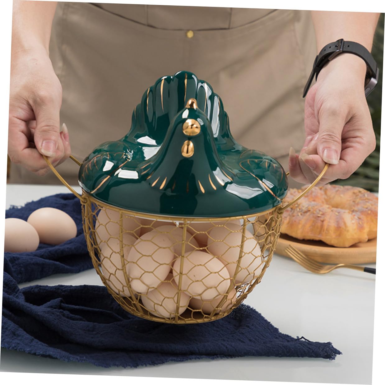 Joli Panier à Œufs Décoratif en Fer, avec Couvercle Vert