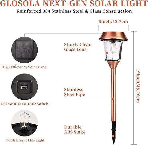 Miniatura 9 de Luces solares de jardín impermeables para exteriores, lámparas de camino de acero inoxidable y vidrio, 12-25 LM regulables del atardecer al