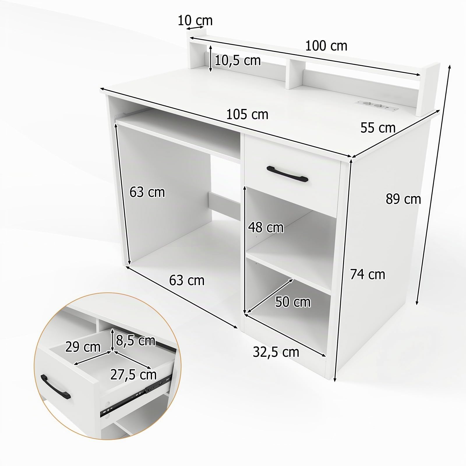 GYMAX Scrivania per Computer con Stazione di Ricarica, USB/Type-c, Tavolo da Studio PC, Ripiani e Cassetto, Foro per Gestione Cavi, Moderno per Camera da Letto, Soggiorno, 105 x 55 x 89 cm, Bianco