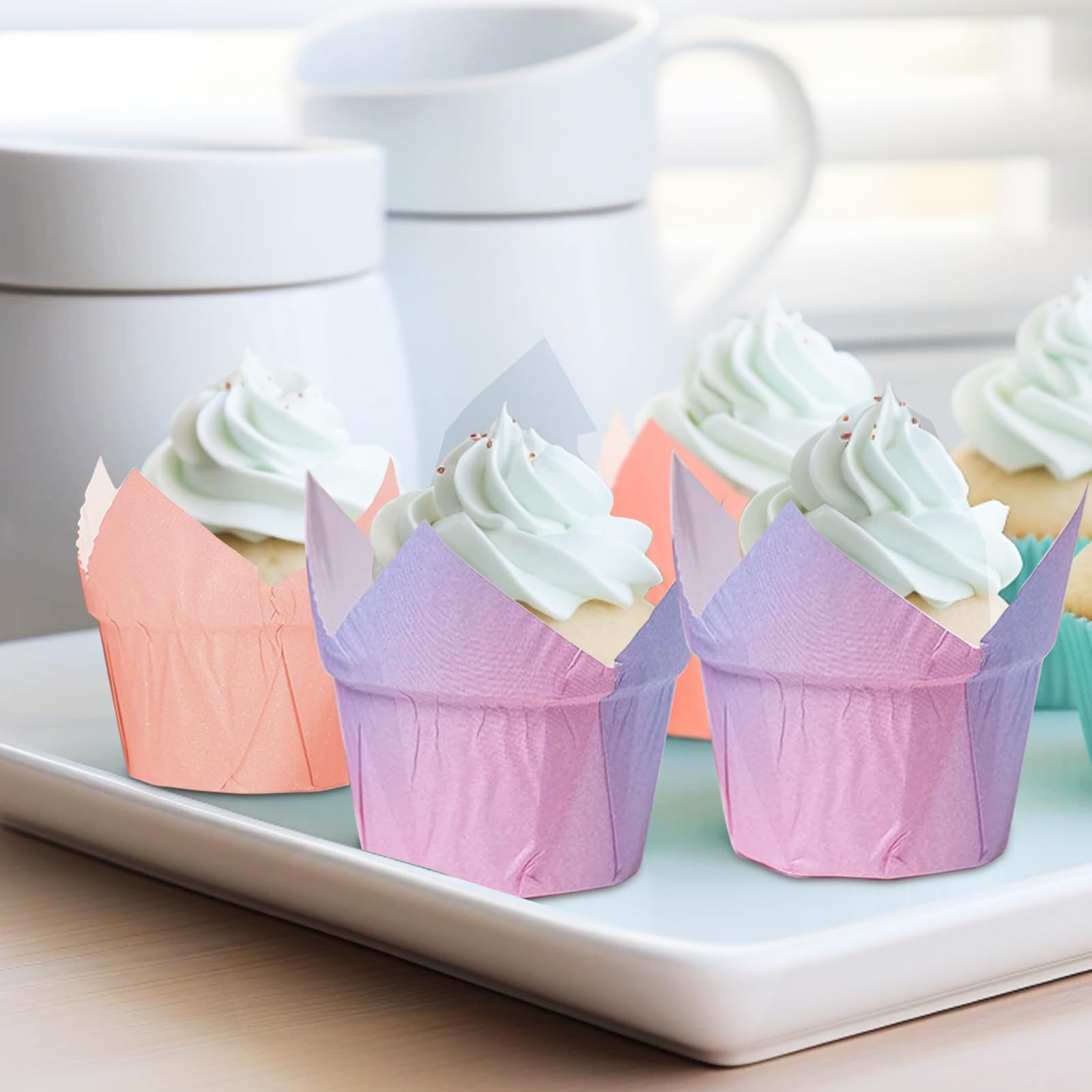 Papierowe foremki do muffinek, 100 sztuk, 50 sztuk dekoracji babeczek, tulipanów, papierowe foremki do muffinek, na przyjęcia urodzinowe, wesela (gradient fioletowy + różowy)