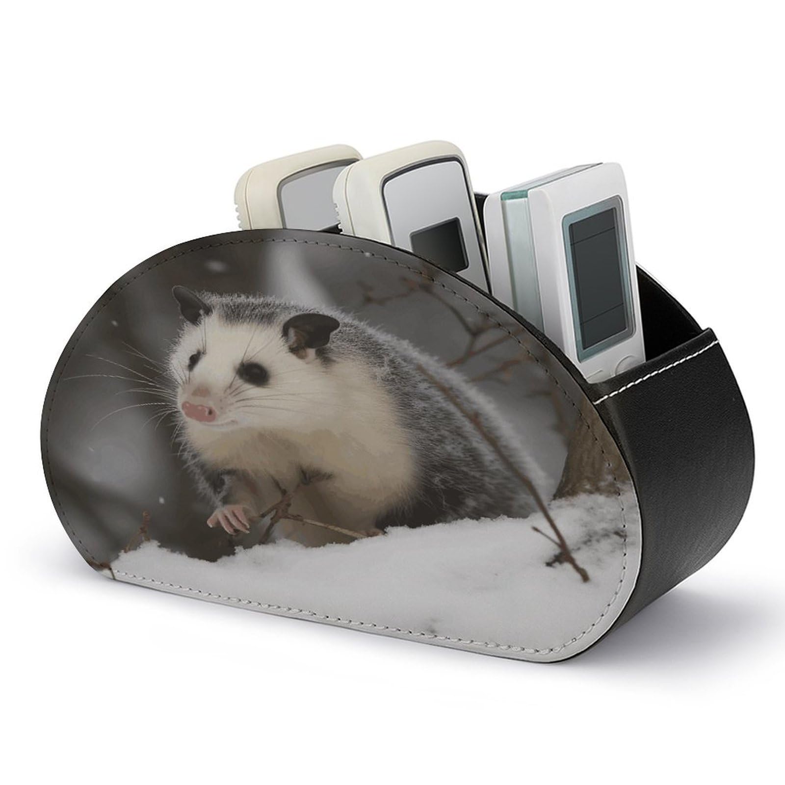 FekiLoot Opossum In Snow Remote Control Holder with 5 Compartments Multi-functional TV Remote Caddy Organizer Leather TV Remote Holder Desktop Organizer Store for Bedside Table Office Desk