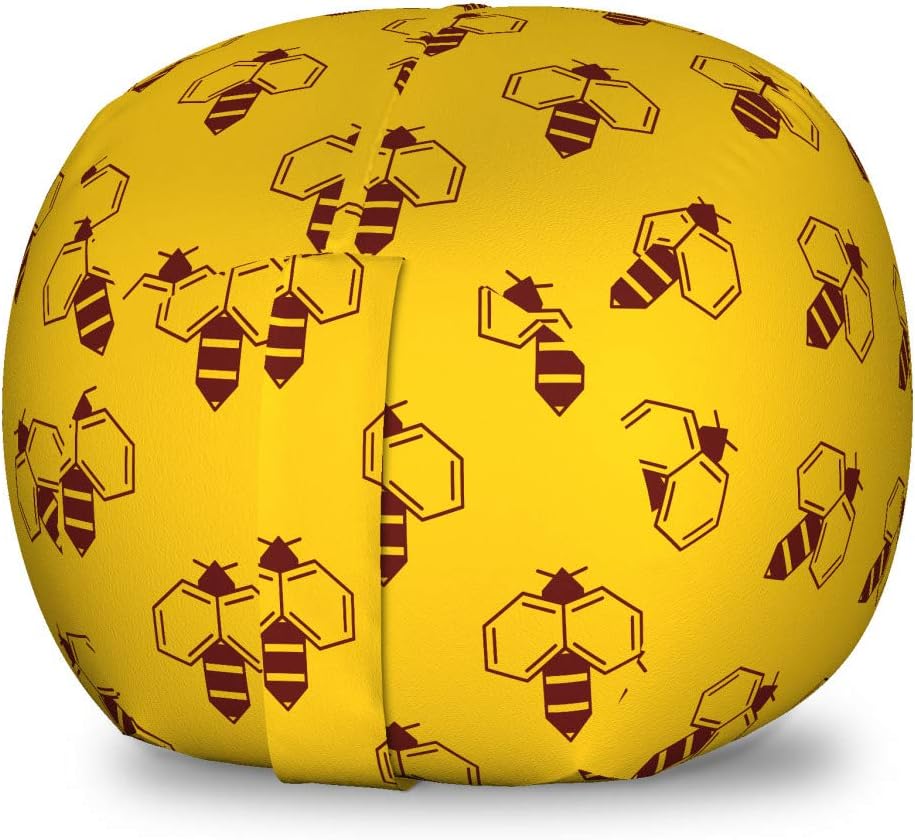 Ambesonne Queen Bee Storage Toy Bag Chair, Geometric Honey Lover with Wings Nature Theme Bumblebee Design, Stuffed Animal Organizer Washable Bag, Small Size, Earth Yellow Seal Brown