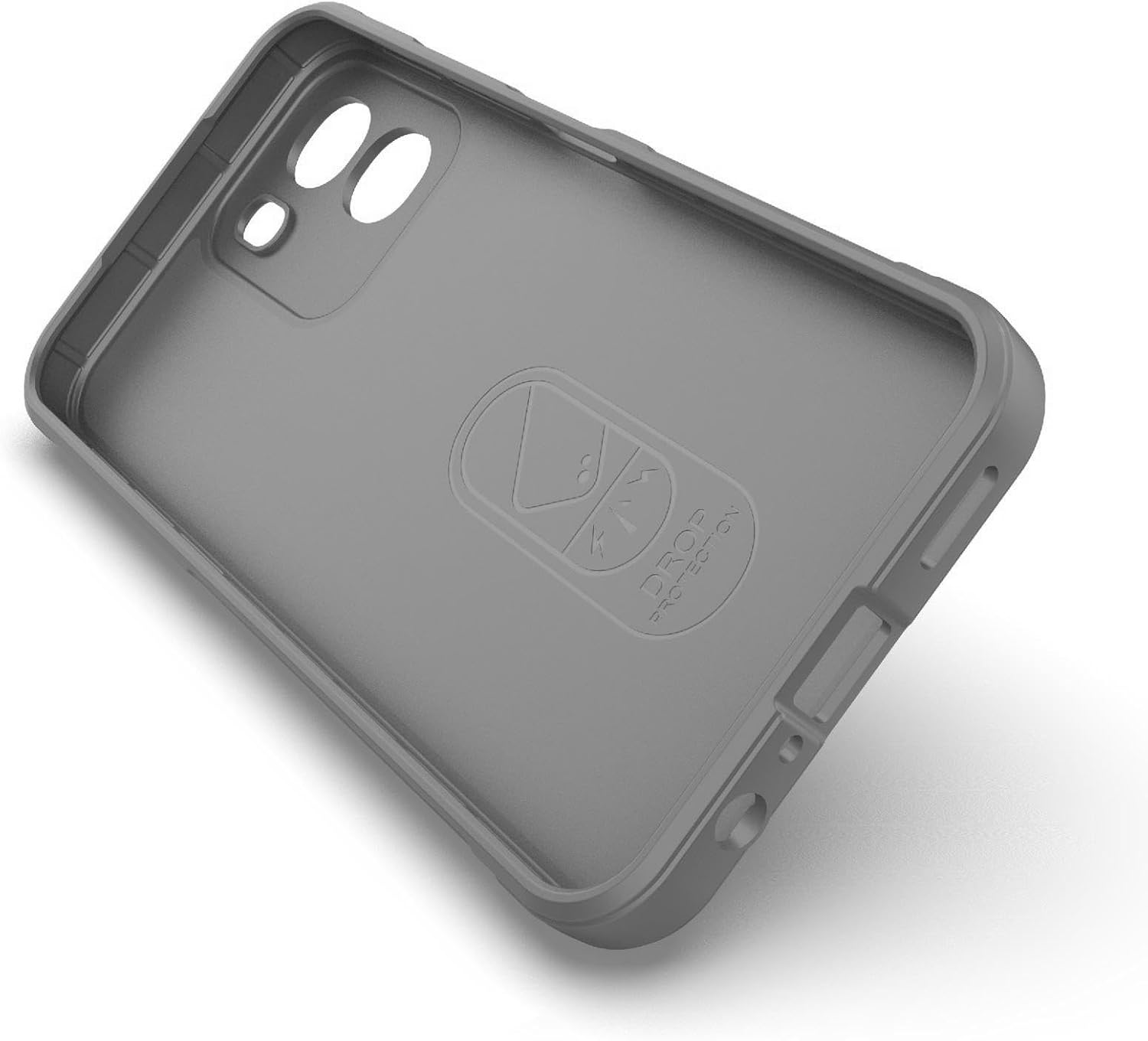 Inside view of the grey soft gel silicone case, showing the 'DROP PROTECTION' engraving and smooth interior surface.