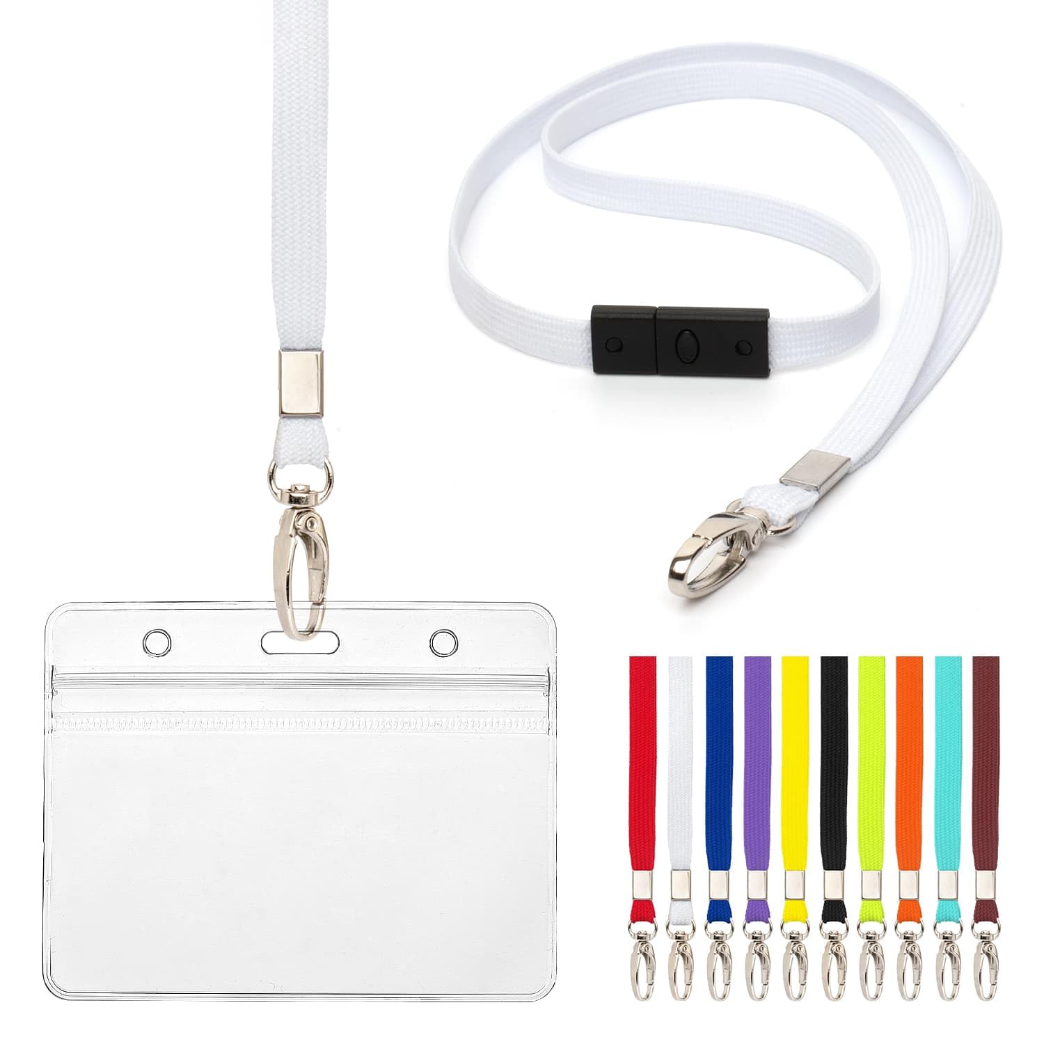 Lanyard with Card Holder 10 Pcs Breakaway Safety Neck Lanyards with Grip Seal Clear Waterproof Holders ID Name Tag Plastic Wallet Badges for Work ID Business Events Holds 9 x 6.8cm (White)