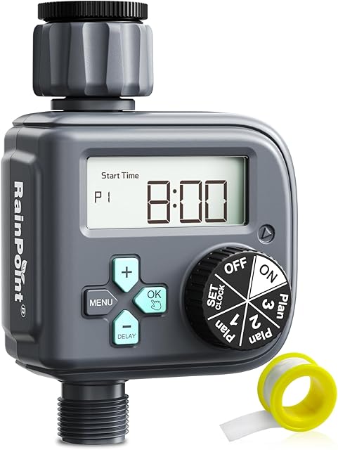 RAINPOINT Water Timer, Irrigation Timer with 3 Independent Programs, Rain Delay, IP54 Waterproof Hose Sprinkler Timer with Weekly/Daily/Interval/Exact Day Watering Mode for Garden Lawn Pool