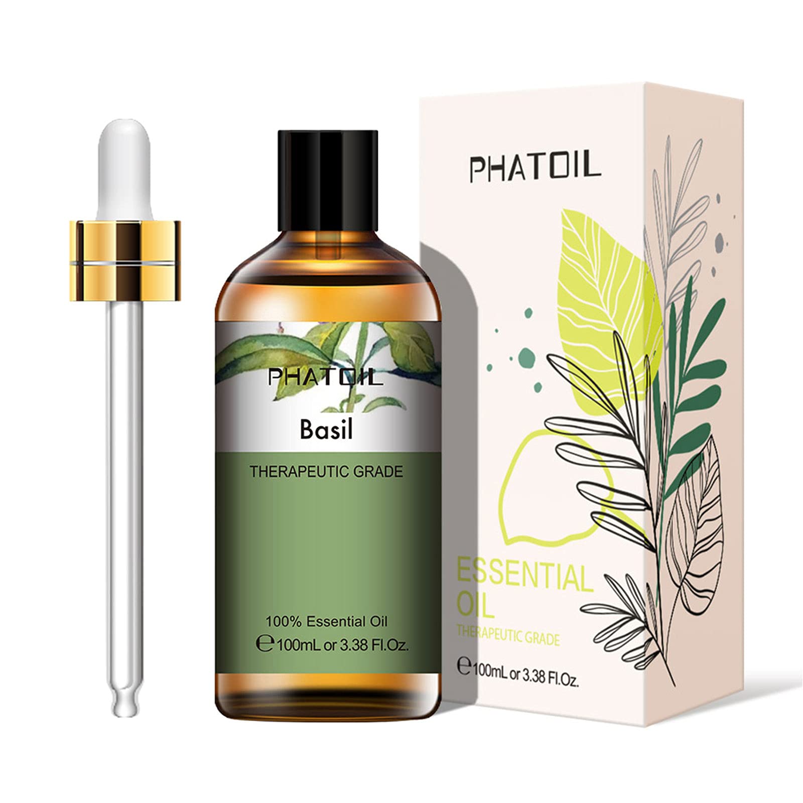 PHATOIL Basil Essential Oil 100ML, Pure Premium Grade Basil Essential Oils for Diffuser, Humidifier, Aromatherapy, Candle Making