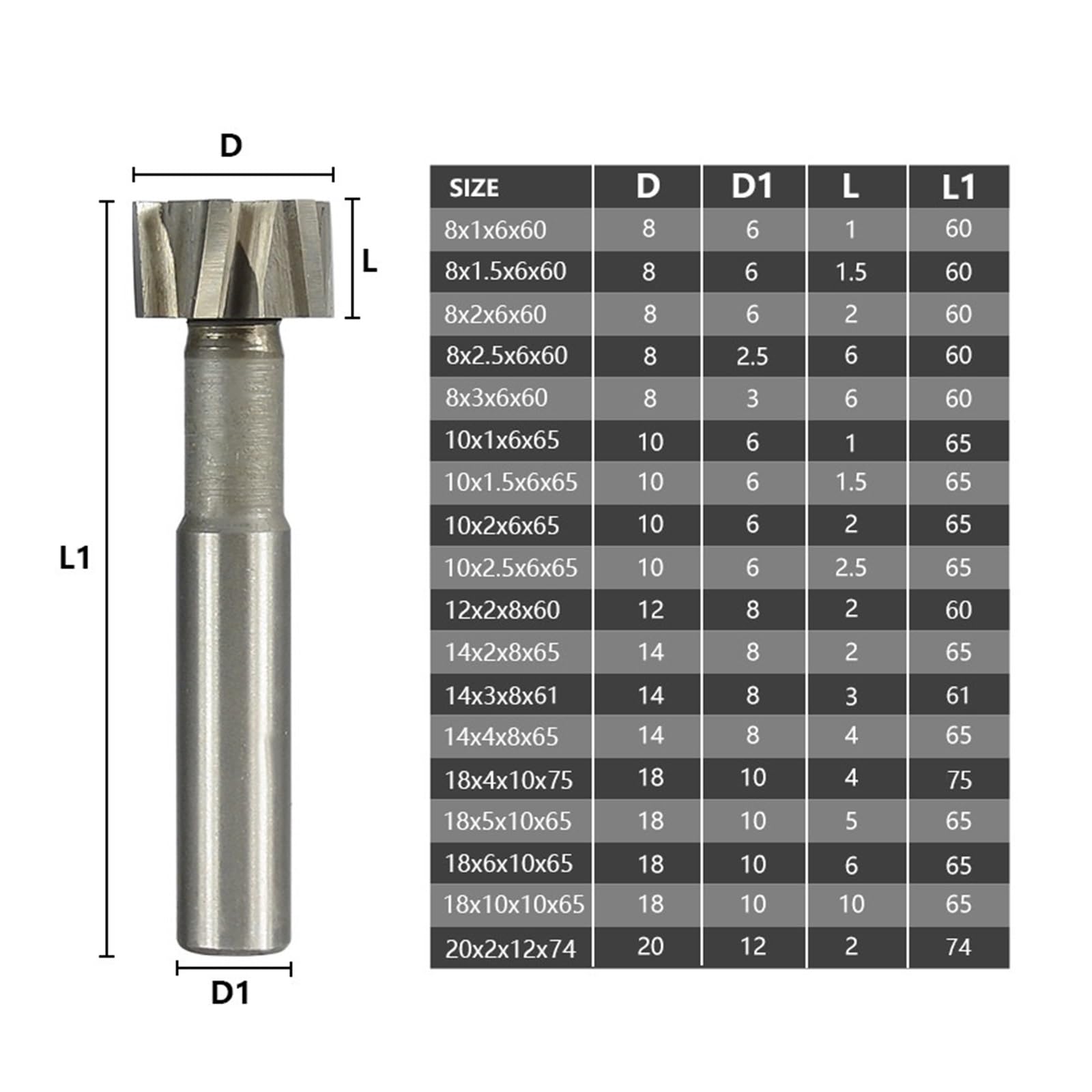 fraisage de fente en T Fraise à fente en T 8-20mm, fraise en bout HSS for le travail des métaux, outil de rainure de clavette, fraisage en bout en carbure de tungstène(8x2.5x6x60)
