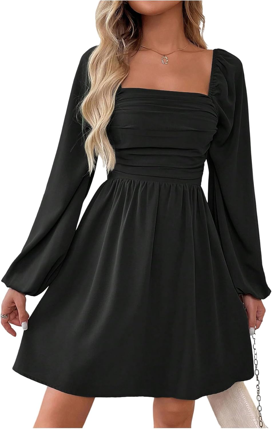 Floerns Women's Lantern Long Sleeve Mini Dress Square Neck Ruched A Line Dress