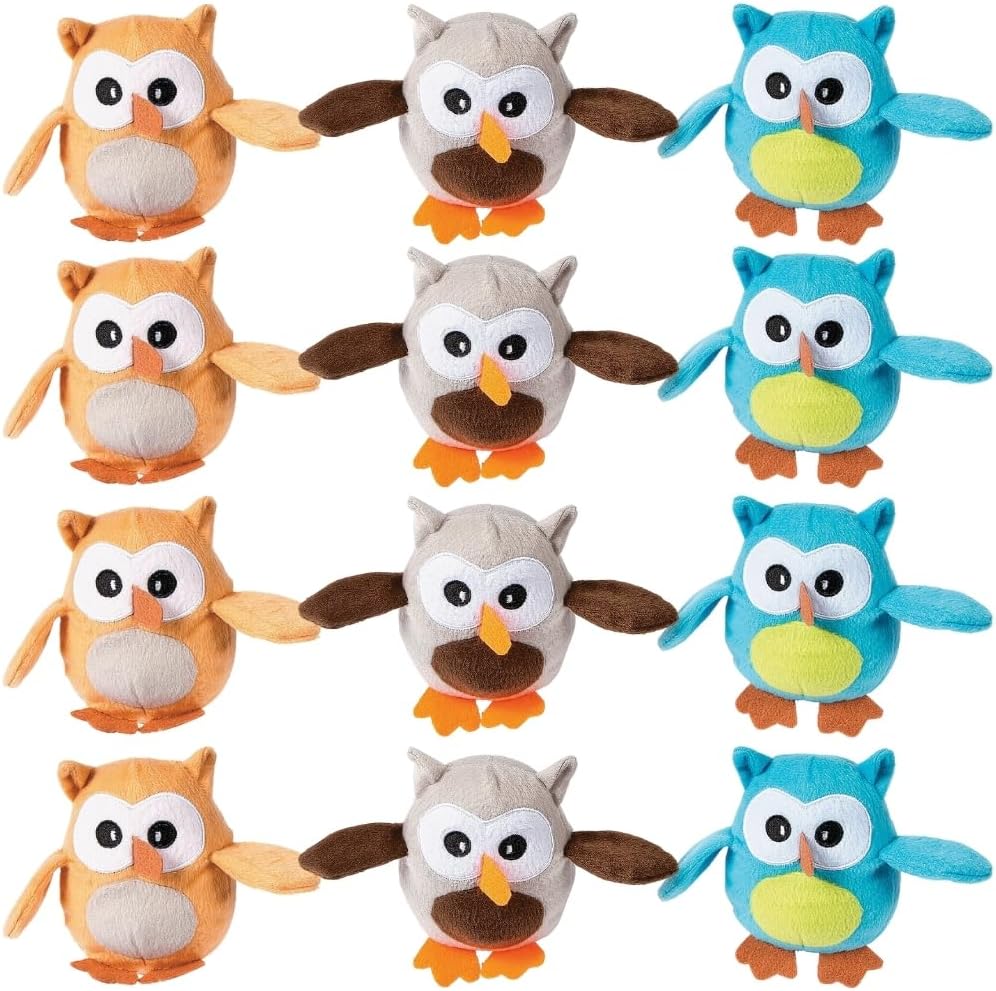 Fun Express 4” Mini Plump Plush Owls - Bright Colors - Adorable Stuffed Animal Toys for Kids, Party Favors, and Collectibles - 12 Pieces