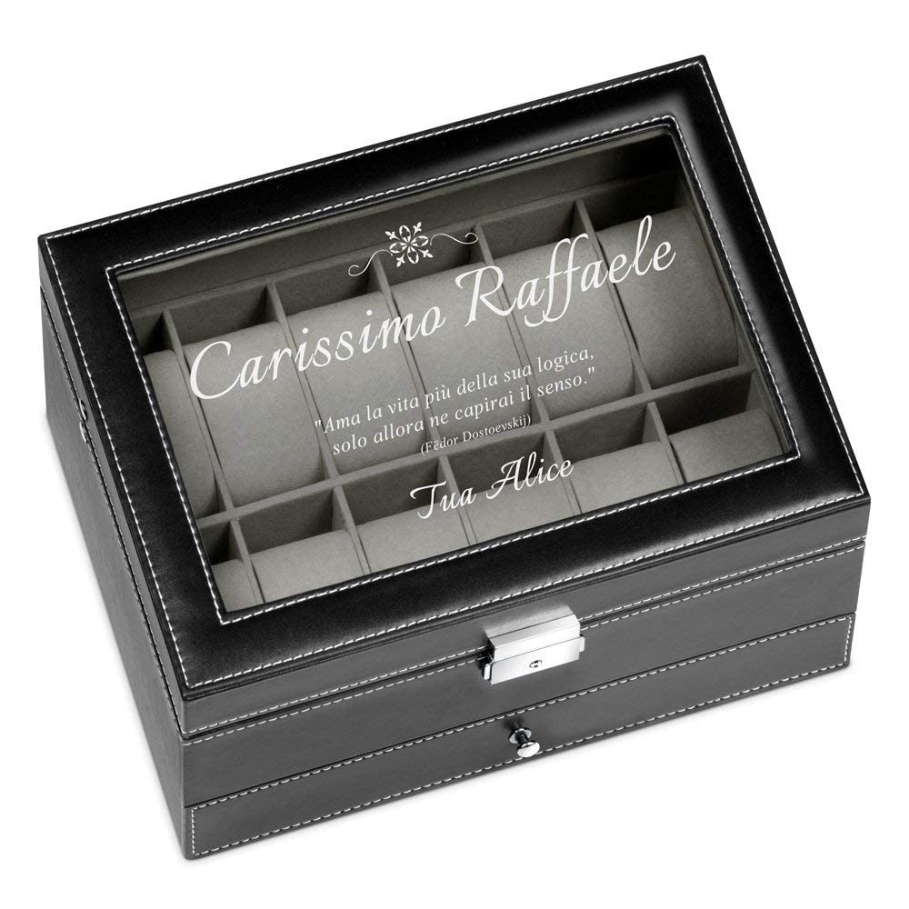 Maverton Cofanetto Porta Orologi e Gioielli con 12 scomparti e 1 cassetto - Custodia Orologi - Coperchio in vetro - Fodera in velluto - incisione personalizzata - regalo uomo - regalo di Natale - Vita