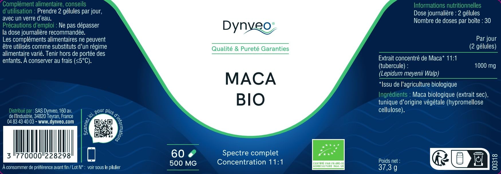 Maca BIO du Pérou Ultra Concentrée 11:1 - Vitalité, Libido, Tonus & Équilibre - Extrait totum Full Spectrum sans alcaloïdes ni additifs - Qualité & Pureté - 60 gélules Vegan - 1 Mois - Dynveo